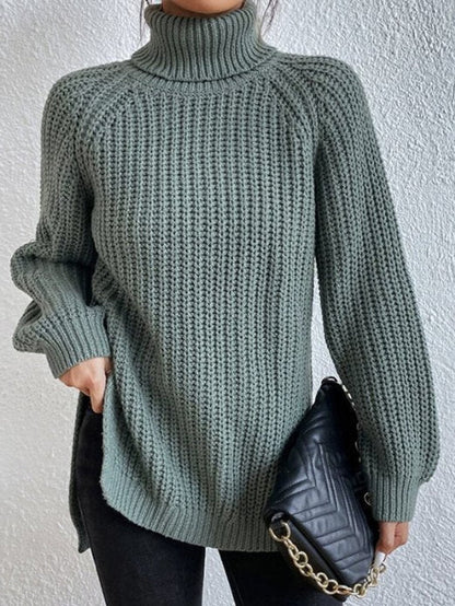 Women’s oversized chunky-knit turtleneck sweater with wide ribbed cuffs, in soft, cozy knit from Homixa.