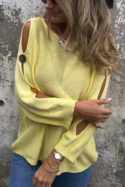 Homixa women's oversized crew-neck sweater with cutout sleeves and button details, casual and stylish knit cardigan.