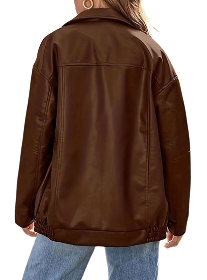 Women’s oversized faux-leather bomber jacket with side pockets, elastic hem, and pointed collar by Homixa.