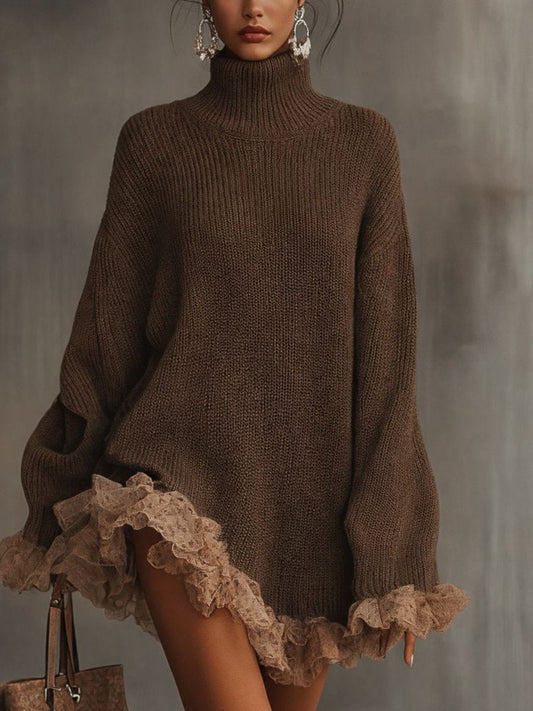 Homixa women's oversized knit turtleneck dress with lace ruffles, perfect for formal events, shown in a stylish silhouette.