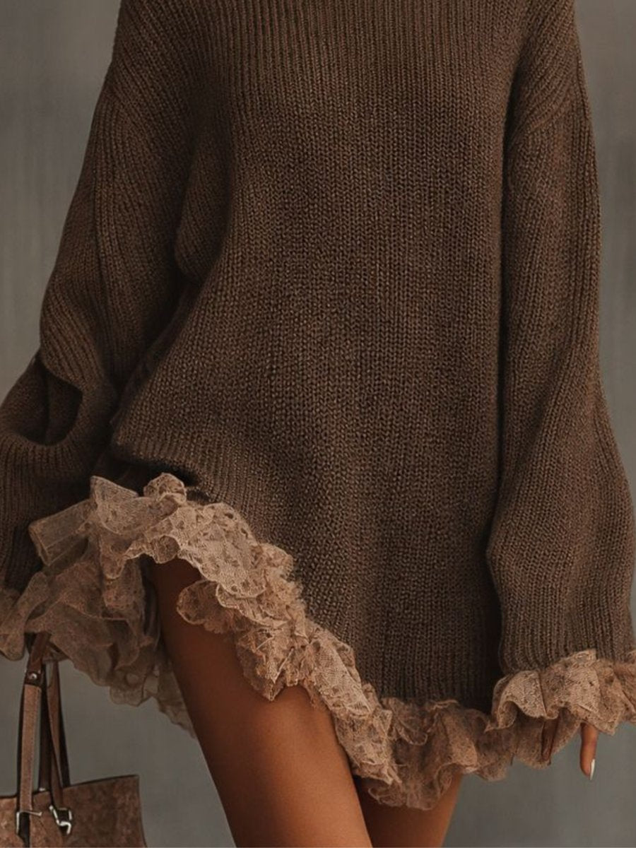 Women's oversized knit turtleneck dress with lace ruffles by Homixa, perfect for formal events, shown in a stylish front view.