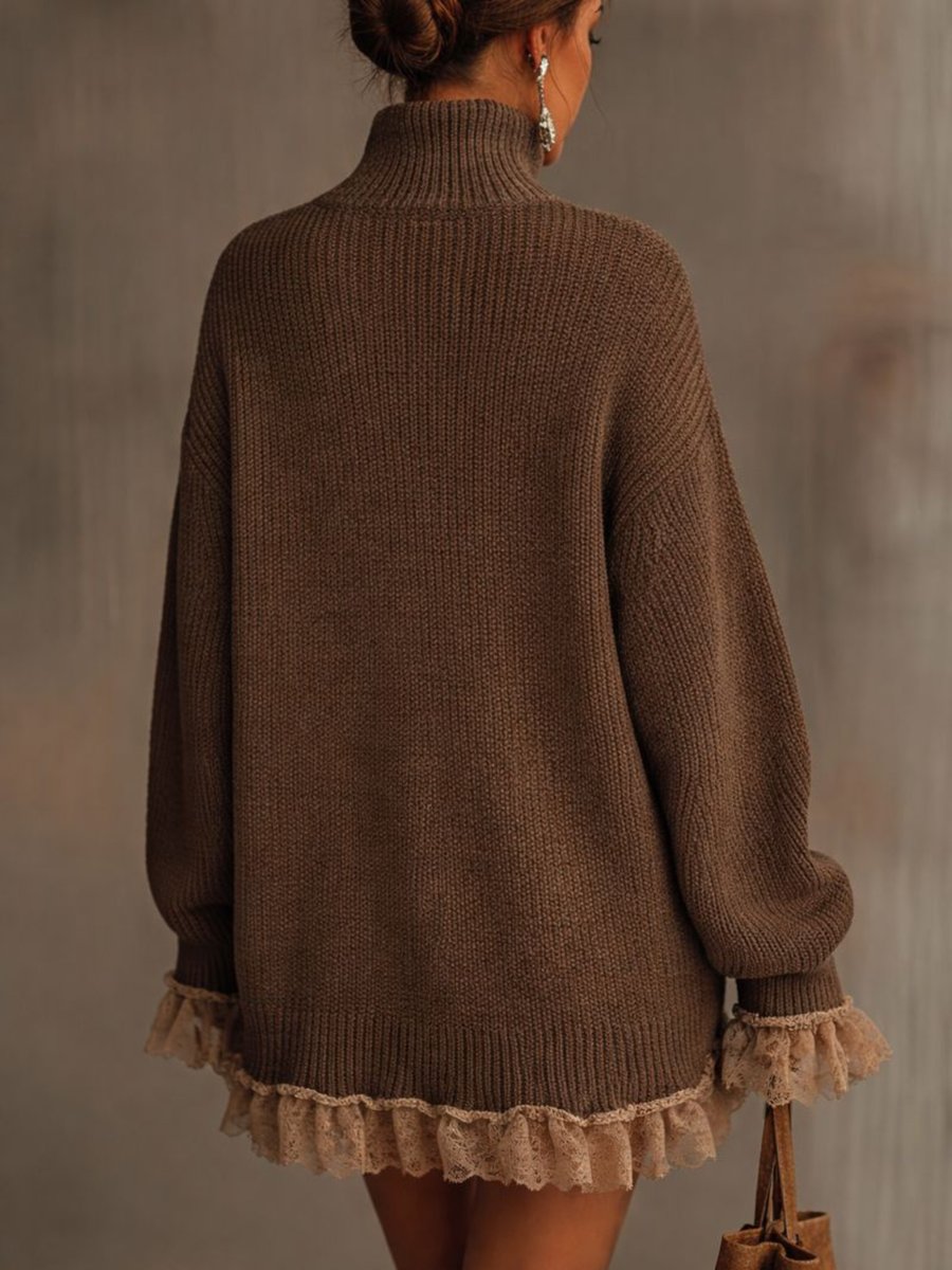 Women's oversized knit turtleneck dress with lace ruffles by Homixa, perfect for formal events, shown in a stylish front view.