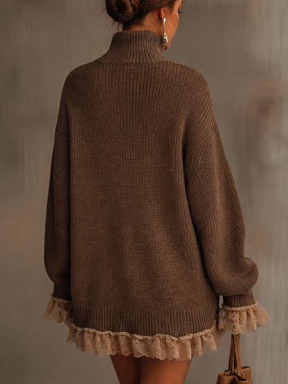 Women's oversized knit turtleneck dress with lace ruffles by Homixa, perfect for formal events, shown in a stylish front view.