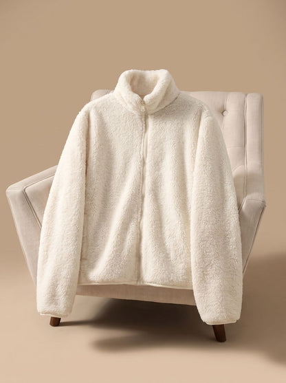 Women's oversized fleece jacket by Homixa with stand collar, zip front, and soft plush interior, perfect for cozy outdoor wear.