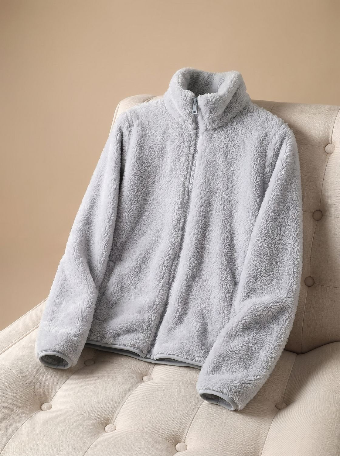 Women's oversized fleece jacket by Homixa with stand collar, zip front, and soft plush fabric in a cozy design.