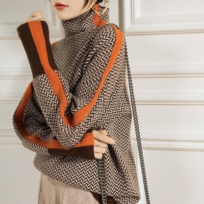 Women's oversized herringbone turtleneck sweater with contrast stitching, featuring a cozy fit and stylish pattern from Homixa.