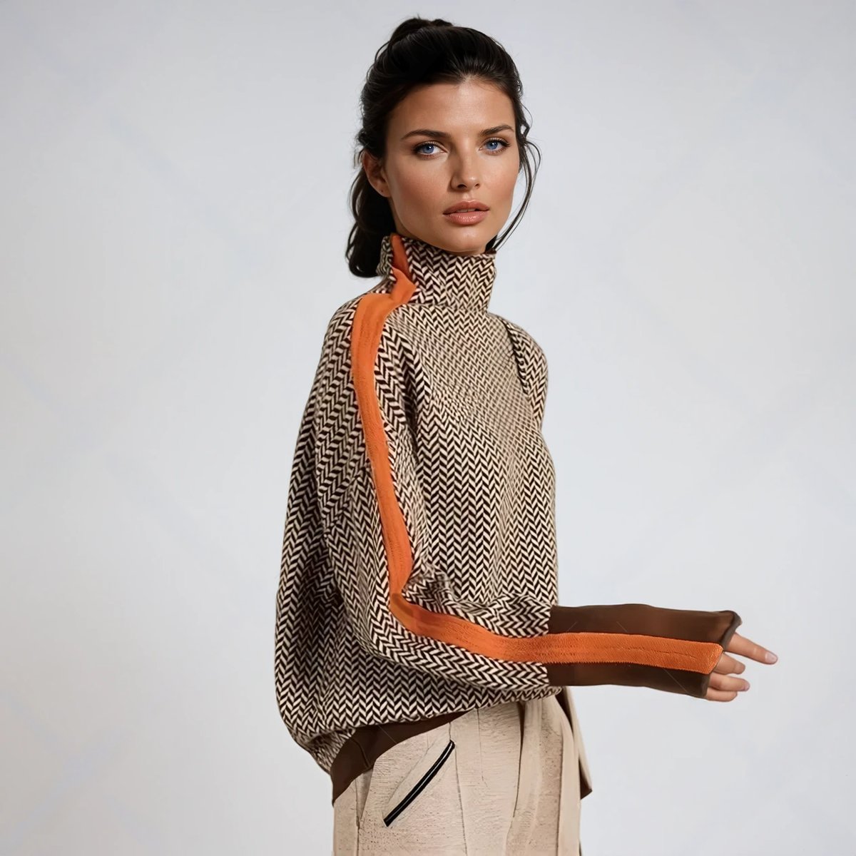 Women's oversized herringbone turtleneck sweater by Homixa featuring contrast stitching, visible cozy knit texture and relaxed fit.