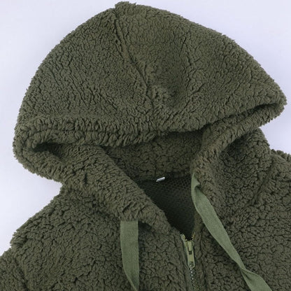 Women's oversized Teddy coat by Homixa featuring textured faux-fur fabric, hood, and full zipper, perfect for cozy winter style.
