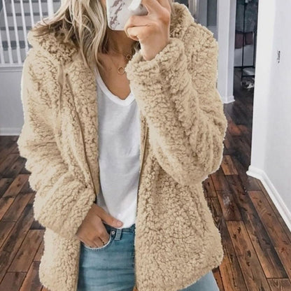 Women’s oversized hooded teddy fleece winter coat by Homixa with a full-zip front, soft plush fabric, and cozy winter style.