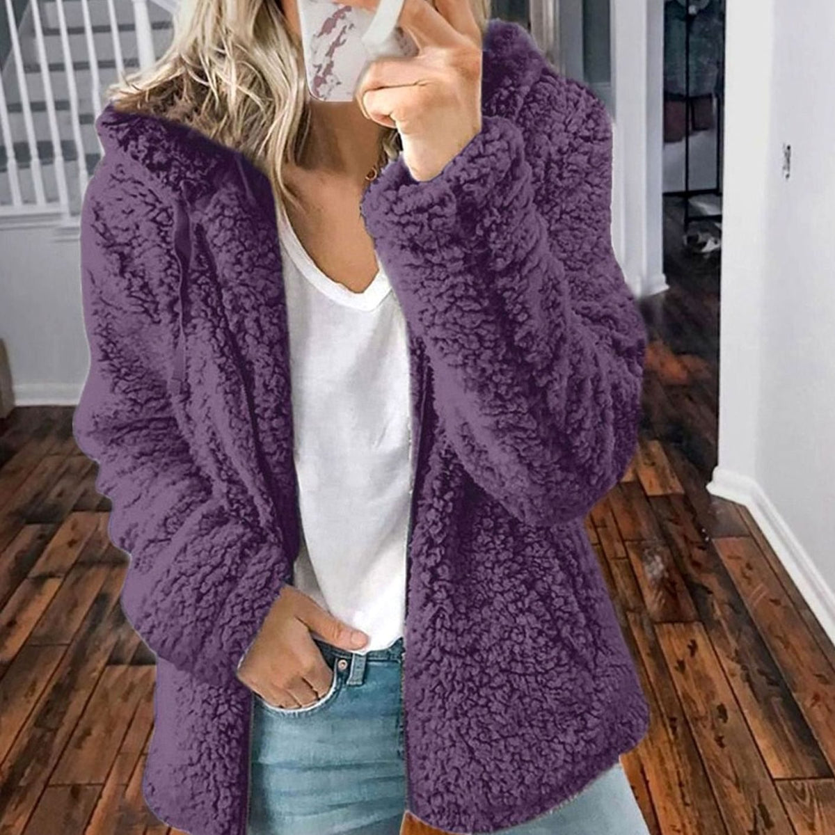Women's oversized hooded teddy fleece winter coat with full-zip front, cozy fleece material, and relaxed fit by Homixa.