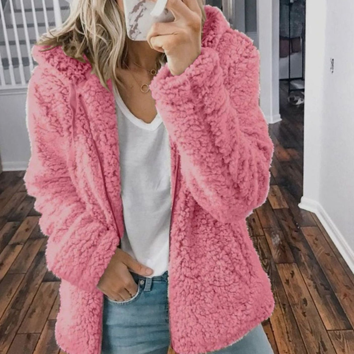Women's oversized hooded teddy fleece winter coat with full-zip front, soft textured fleece, and cozy hood from Homixa.
