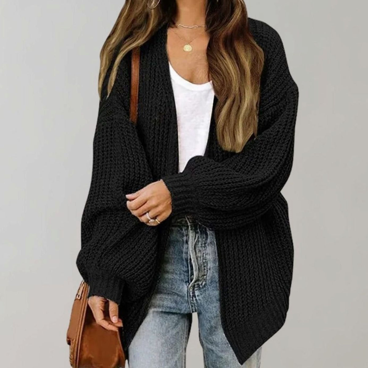Women's oversized open-front cardigan by Homixa featuring chunky waffle knit and relaxed fit, perfect for cozy casual wear.