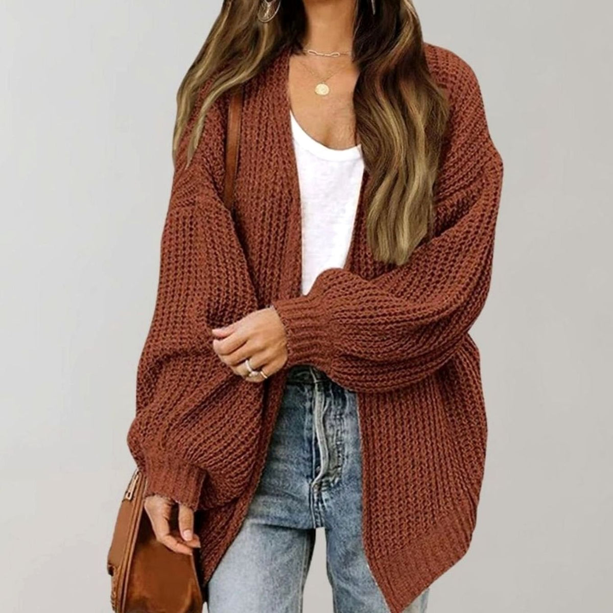 Women's oversized open-front cardigan by Homixa featuring chunky waffle knit and relaxed fit, styled for cozy casual wear.