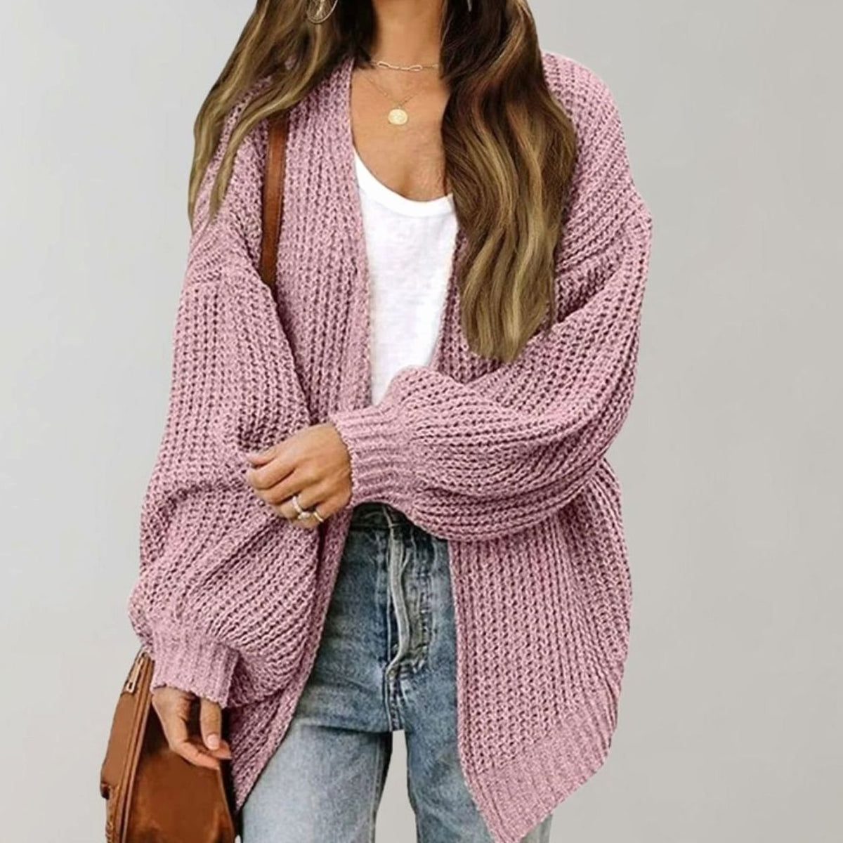 Women's oversized open-front cardigan by Homixa featuring chunky waffle knit and relaxed fit, perfect for casual wear.