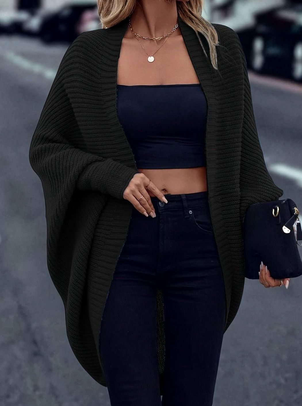 Women’s oversized open-front cardigan by Homixa with longline cut and batwing sleeves, cozy and stylish for casual wear.