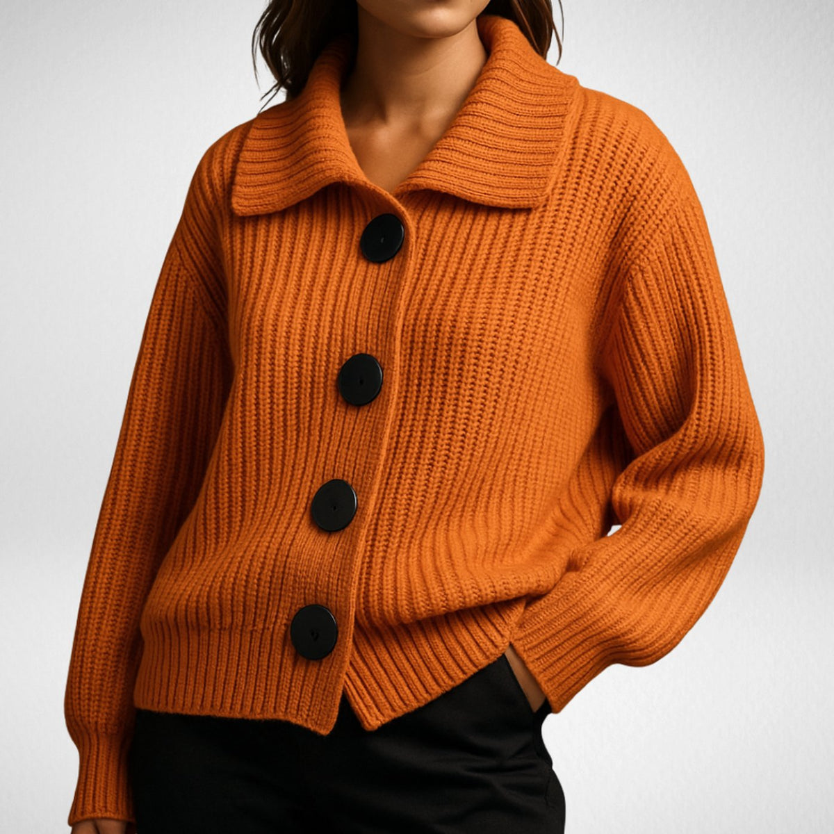 Women's oversized ribbed knit cardigan by Homixa featuring a wide collar and large black buttons, displayed on a model.