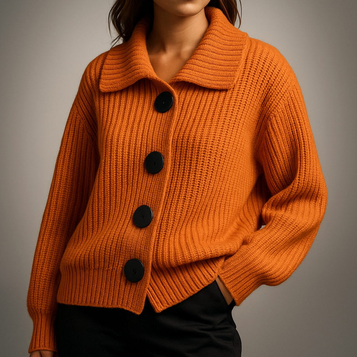 Women's oversized ribbed knit cardigan by Homixa featuring a wide collar and large black buttons, styled casually.