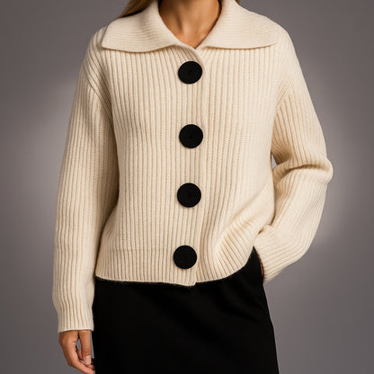 Women's oversized ribbed knit cardigan by Homixa featuring a wide collar and large black buttons, displayed on a model.
