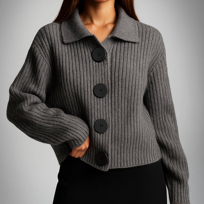 Women's oversized ribbed knit cardigan by Homixa featuring a wide collar and large black buttons, displayed on a model.