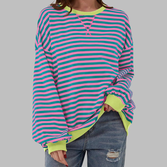 Women’s oversized striped sweatshirt by Homixa with contrast ribbed cuffs and collar, casual and comfortable everyday wear.