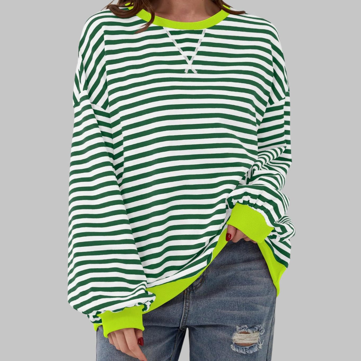 Women's oversized striped sweatshirt by Homixa with contrast ribbed cuffs and collar, casual and comfortable apparel