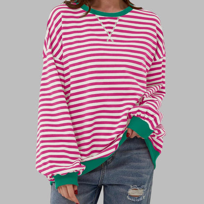 Women's oversized striped sweatshirt by Homixa with contrast ribbed cuffs and collar, casual and comfortable fit.