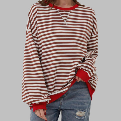 Women’s oversized striped sweatshirt by Homixa featuring contrast ribbed cuffs and collar, casual and comfortable fit.