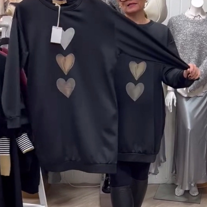 Women's oversized sweatshirt dress by Homixa featuring a stacked heart graphic and ribbed hem, casual and cozy fashion.