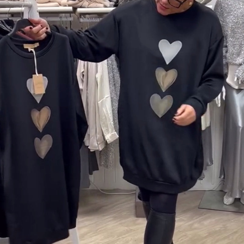 Women's oversized sweatshirt dress by Homixa featuring stacked heart graphic and ribbed hem, casual and comfortable style.