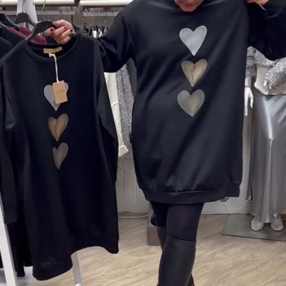 Women’s oversized sweatshirt dress by Homixa featuring a stacked heart graphic and ribbed hem, casual and comfortable style.