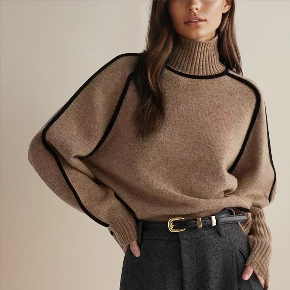 Women’s oversized two-tone knit turtleneck sweater with raglan sleeves by Homixa, showing the relaxed fit and stylish design.