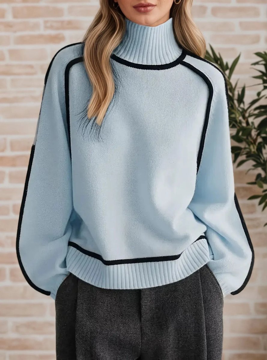 Women's oversized two-tone knit turtleneck sweater with raglan sleeves by Homixa, showcasing a cozy, stylish fit.