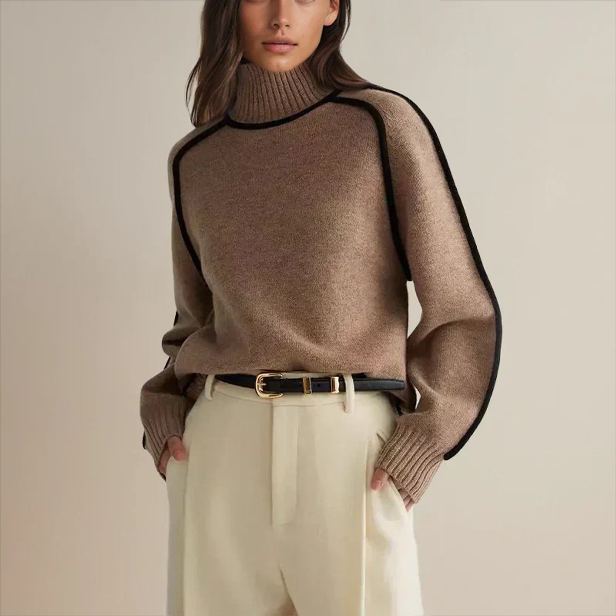 Women’s oversized two-tone knit turtleneck sweater with raglan sleeves by Homixa, featuring a cozy, relaxed fit and stylish color blocking.