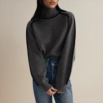 Women’s oversized two-tone knit turtleneck sweater with raglan sleeves by Homixa, featuring a cozy, relaxed fit and stylish design.