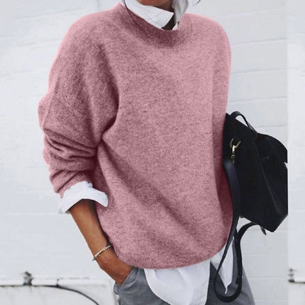 Women's oversized wool-blend crew-neck sweater with long sleeves and soft knit, by Homixa, shown in a cozy, relaxed fit.