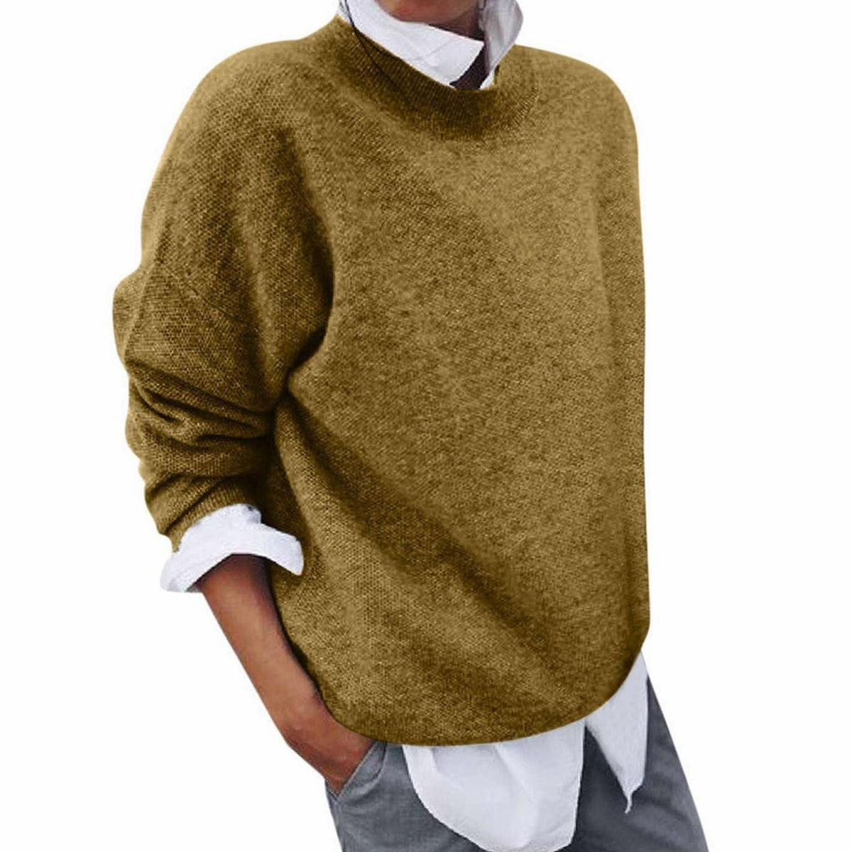 Women’s oversized wool-blend crew-neck sweater with long sleeves and soft knit texture by Homixa.