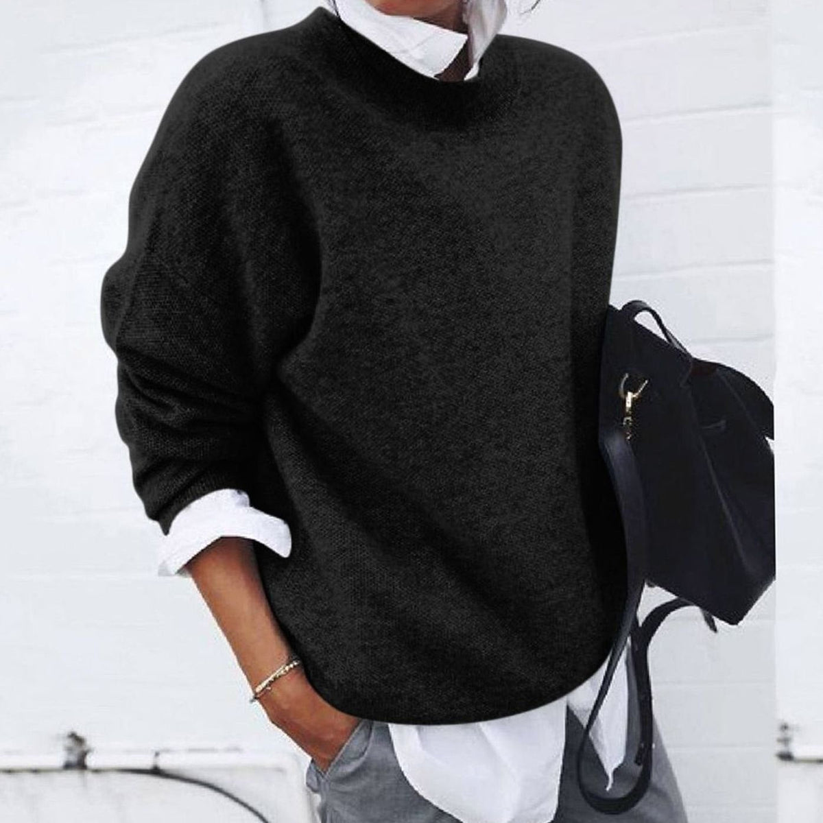 Women's oversized wool-blend crew-neck sweater by Homixa with long sleeves and soft knit fabric, featuring a cozy, relaxed fit.