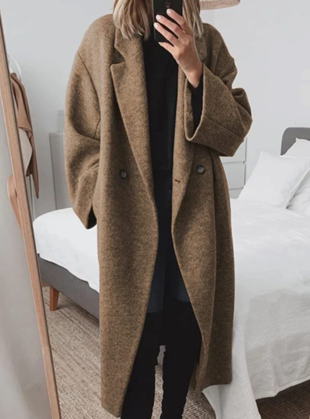 Women's oversized wool-blend double-breasted longline coat with notched lapels, stylish and warm outerwear by Homixa.
