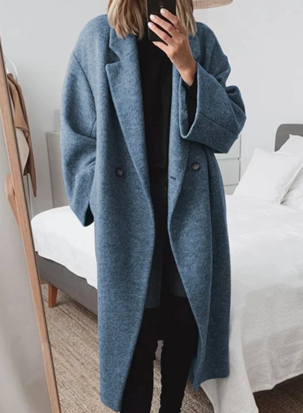 Women's oversized wool-blend double-breasted longline coat with notched lapels, stylish and warm outerwear from Homixa.