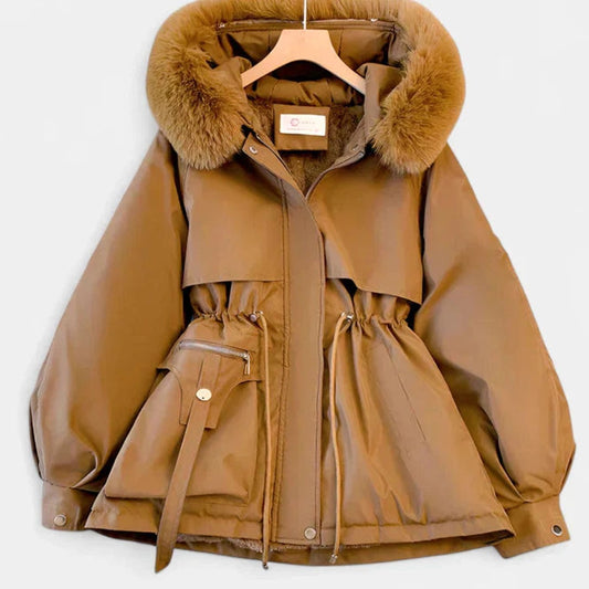 Homixa women's padded winter hooded jacket with faux-fur hood, drawstring waist, and cozy Sherpa lining.