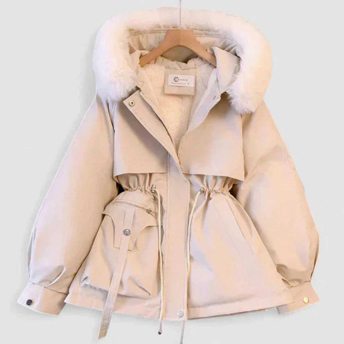 Women’s padded winter jacket with faux-fur hood, drawstring waist, and sherpa lining by Homixa.