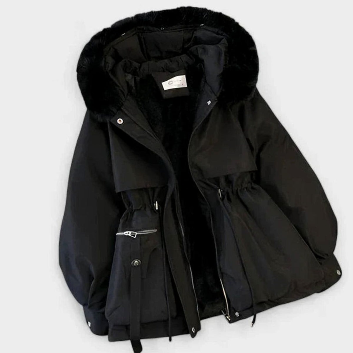 Homixa women's hooded padded winter jacket with faux-fur hood, drawstring waist, and cozy sherpa lining for warmth and style.