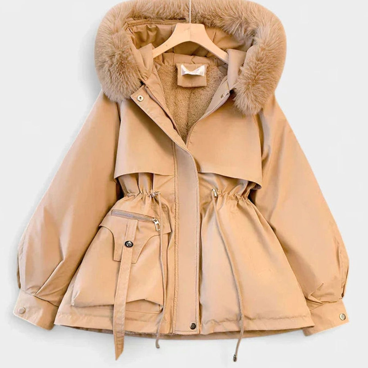 Homixa women's padded winter jacket with faux-fur hood, drawstring waist, and cozy sherpa lining, ideal for cold weather.