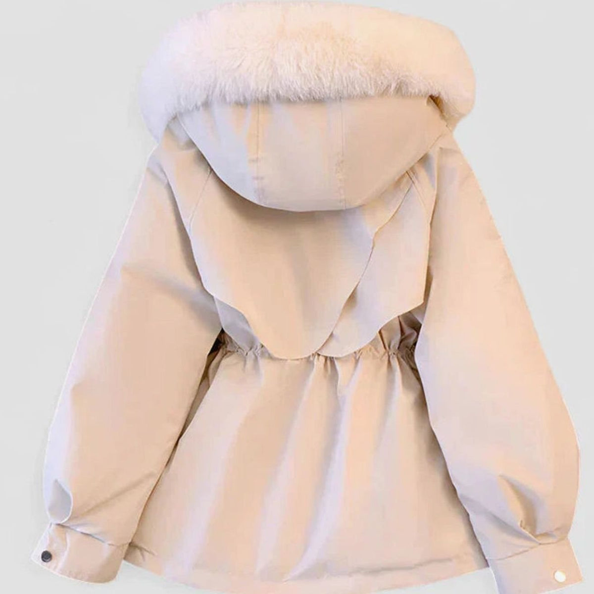 Women's padded winter jacket with faux-fur hood, drawstring waist, and sherpa lining, by Homixa.