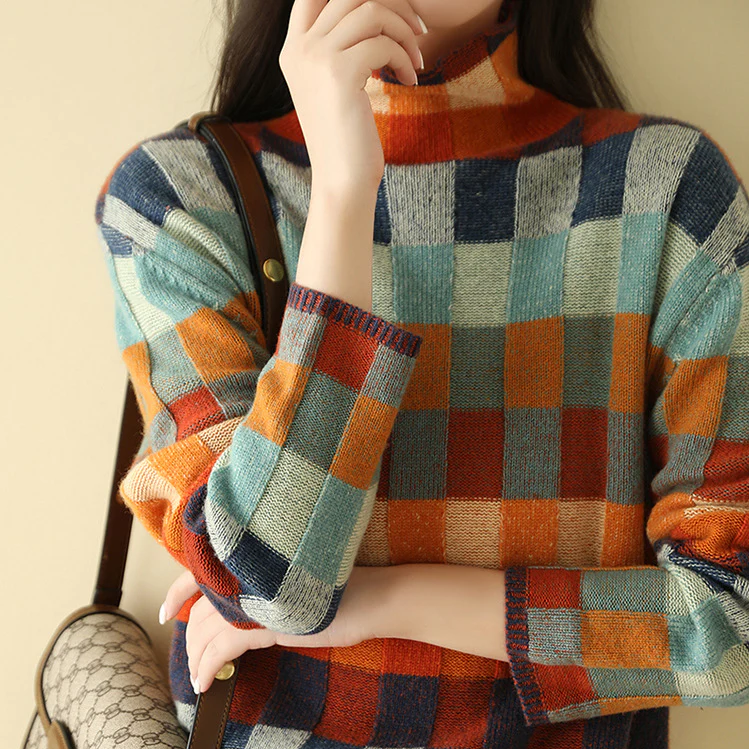 Women's plaid color-block knit sweater with mock neck and ribbed cuffs by Homixa, featuring a stylish and cozy design.
