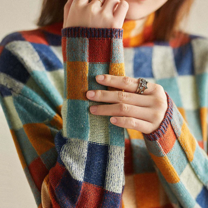 Women's plaid color-block knit sweater with mock neck and ribbed cuffs by Homixa, featuring a stylish and cozy design.