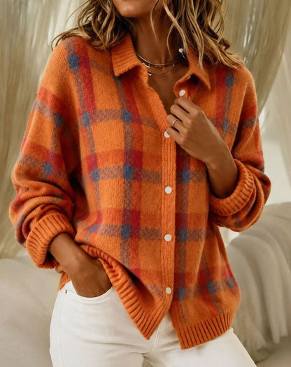 Women's plaid knit cardigan by Homixa with button-front, long sleeves, ribbed trim, and a checked pattern.