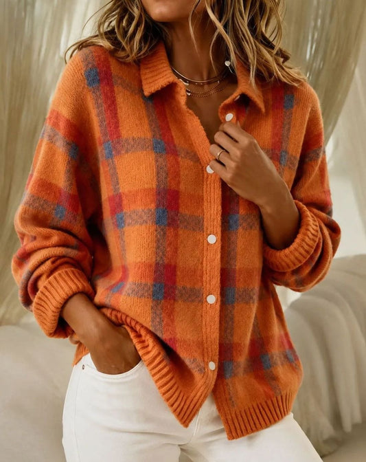 Women's plaid knit cardigan by Homixa with button-front, long sleeves, ribbed trim, and a checked pattern.