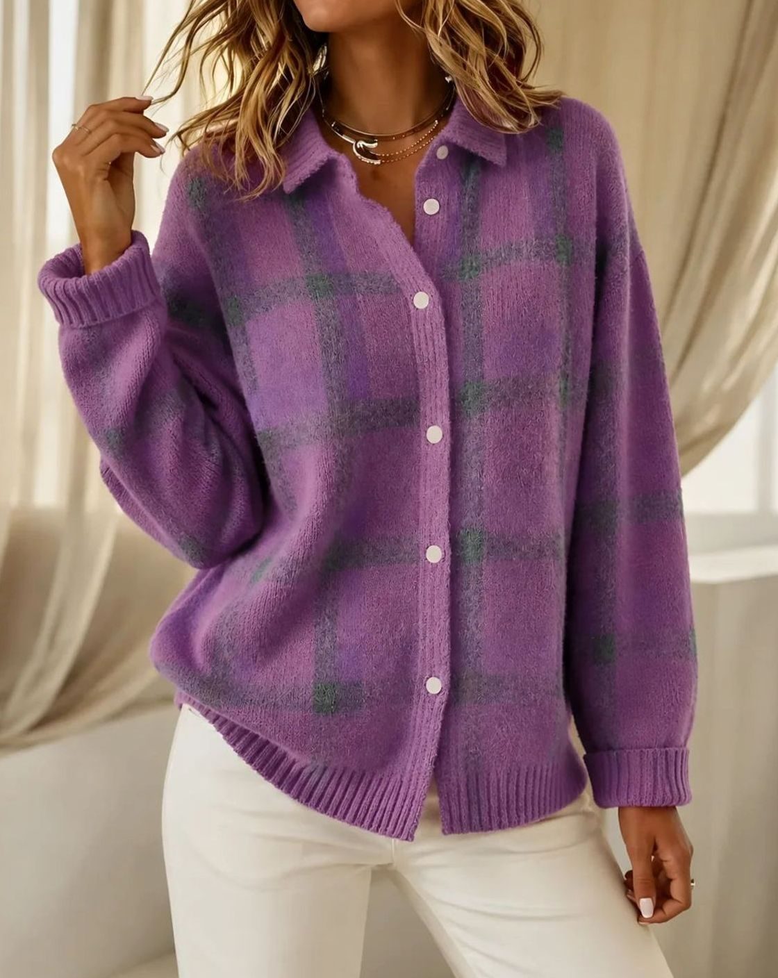 Homixa women's plaid knit cardigan with button-front, long sleeves, and ribbed trim, featuring a checked pattern.