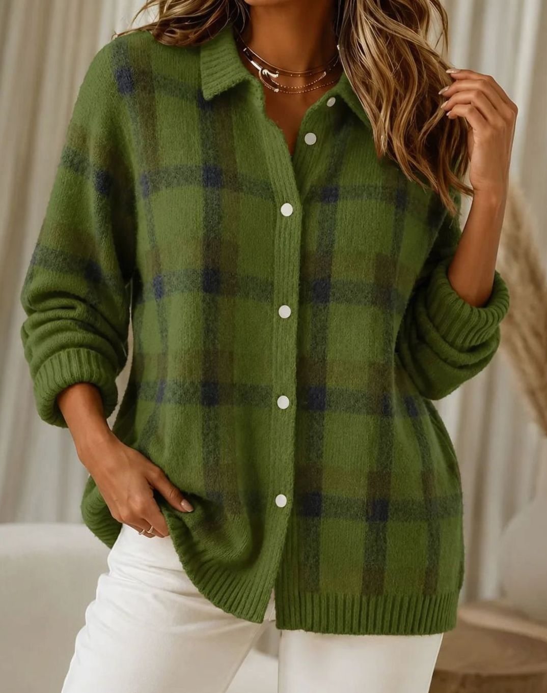 Checked plaid knit women's cardigan by Homixa with long sleeves, button front, and ribbed trim for a cozy, stylish look.